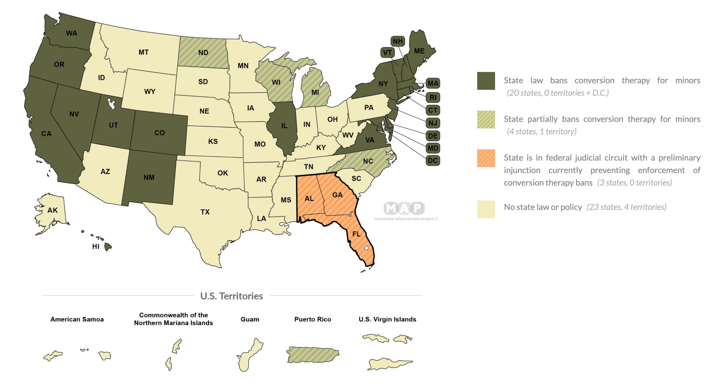 A map showing conversion therapy bans in the US.