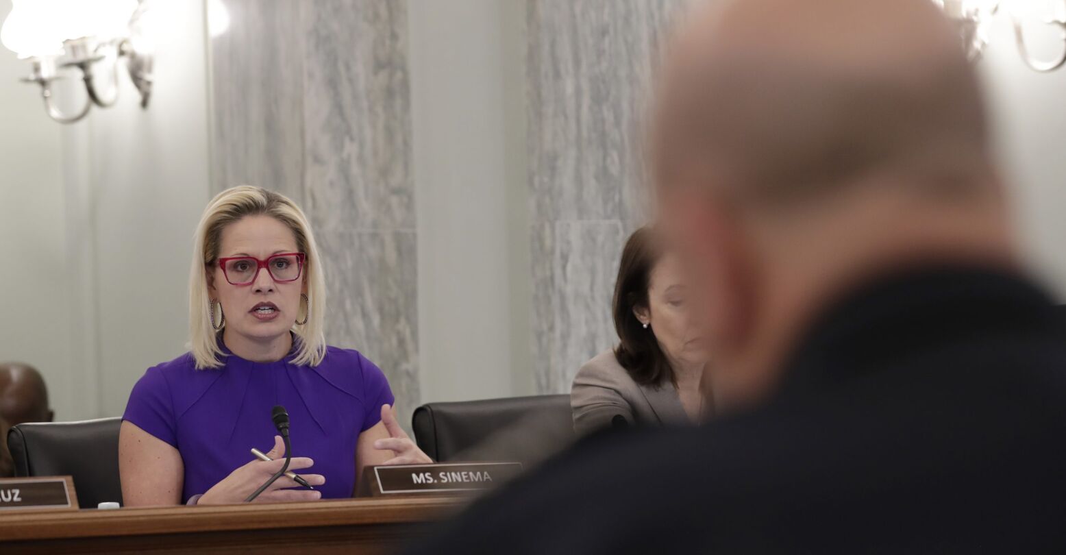 Senator Kyrsten Sinema questioning U.S. Customs and Border Protection Executive Assistant Commissioner for Operations Support William Ferrara in the Senate Committee on Commerce, Science and Space, Subcommittee on Aviation and Space.