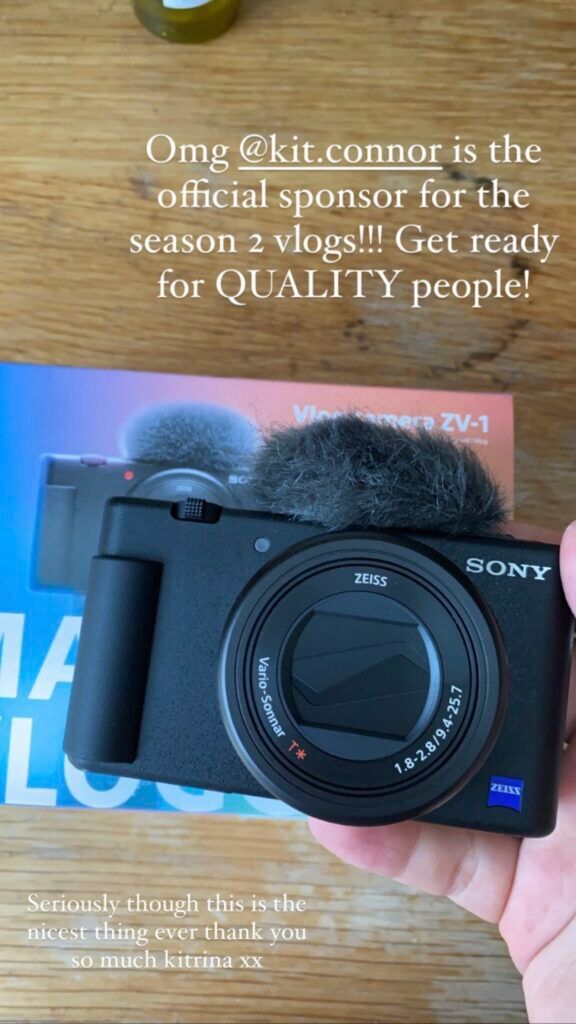 A camera with the caption, "Omg Kit Connor is the official sponsor for the season two vlogs! Get ready for quality, people!"