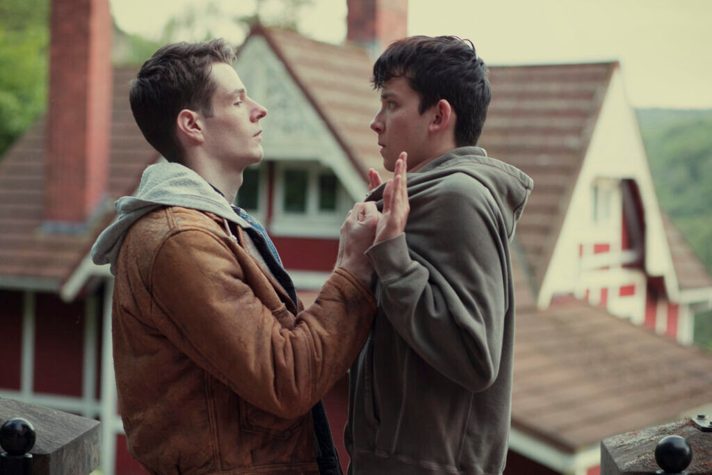 Connor Swindells, Asa Butterfield in a scene fron Sex Education