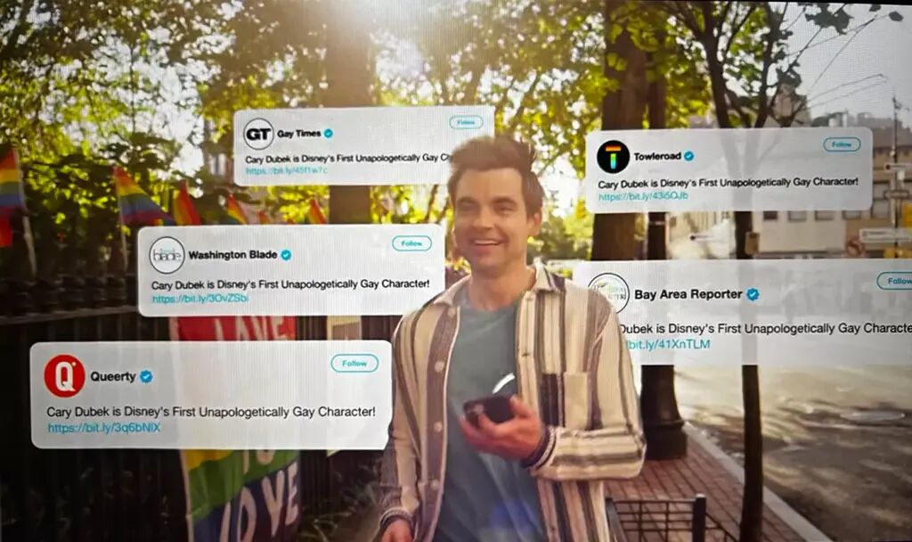 The Other Two Easter egg tweets from Gay Times, Washington Blade, Queerty, Towleroad, and Bay Area Reporter exclaiming "Cary Dubek is Disney's First Unapologetically Gay Character!"