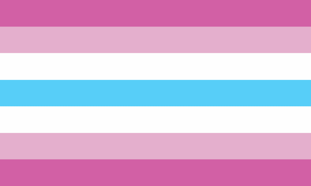 The femboy pride flag with its dark pink, light pink, white, blue, white, light pink, and dark pink stripes