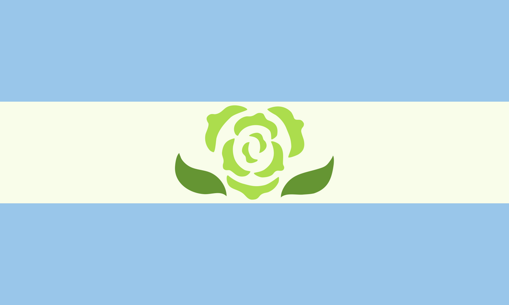 The achillean flag includes three stripes (two blue and one green) with a green carnation in the center.