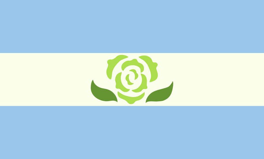 The achillean flag includes three stripes (two blue and one green) with a green carnation in the center.