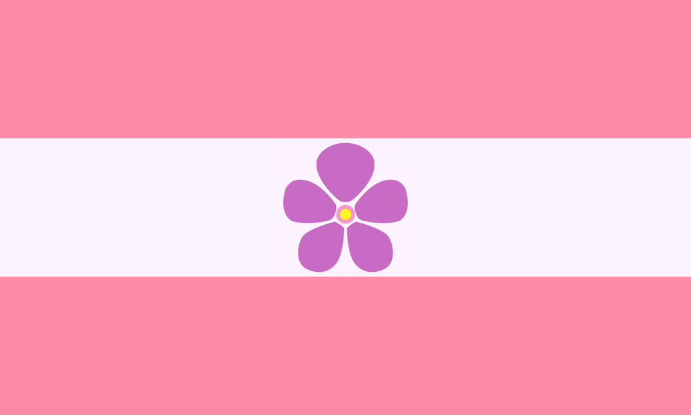 The sapphic flag features three stripes (two pink and one lavender) with a violet flower in the center.
