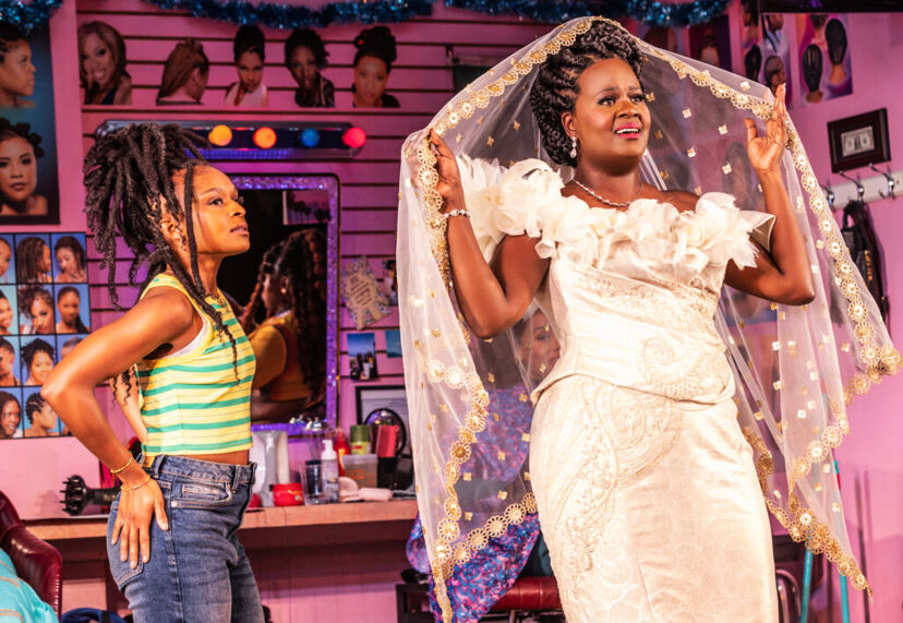 (from left) Nana Mensah, Dominique Thorne, and Somi Kakoma in "Jaja's African Hair Braiding."