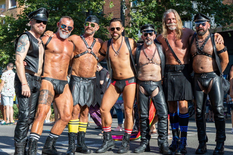 June 29, 2019: large group of mature gay men in fetish night and sex club outfits consisting of leather goods