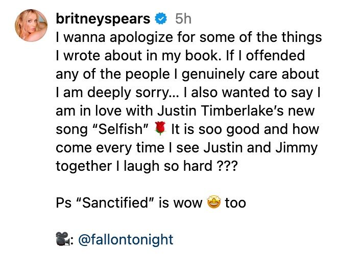 Britney Spears posts a message about Justin Timberlake