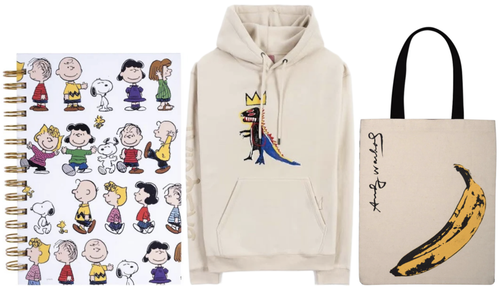 Charles Schulz’s Peanuts notebook, Jean-Michel Basquiat sweatshirt, and Andy Warhol tote bag.