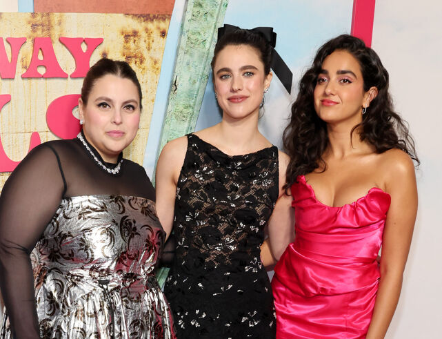 NEW YORK, NEW YORK - FEBRUARY 20: (L-R) Beanie Feldstein, Margaret Qualley, and Geraldine Viswanathan attend the "Drive-Away Dolls" New York Premiere at AMC Lincoln Square Theater on February 20, 2024 in New York City. (Photo by Cindy Ord/Getty Images)