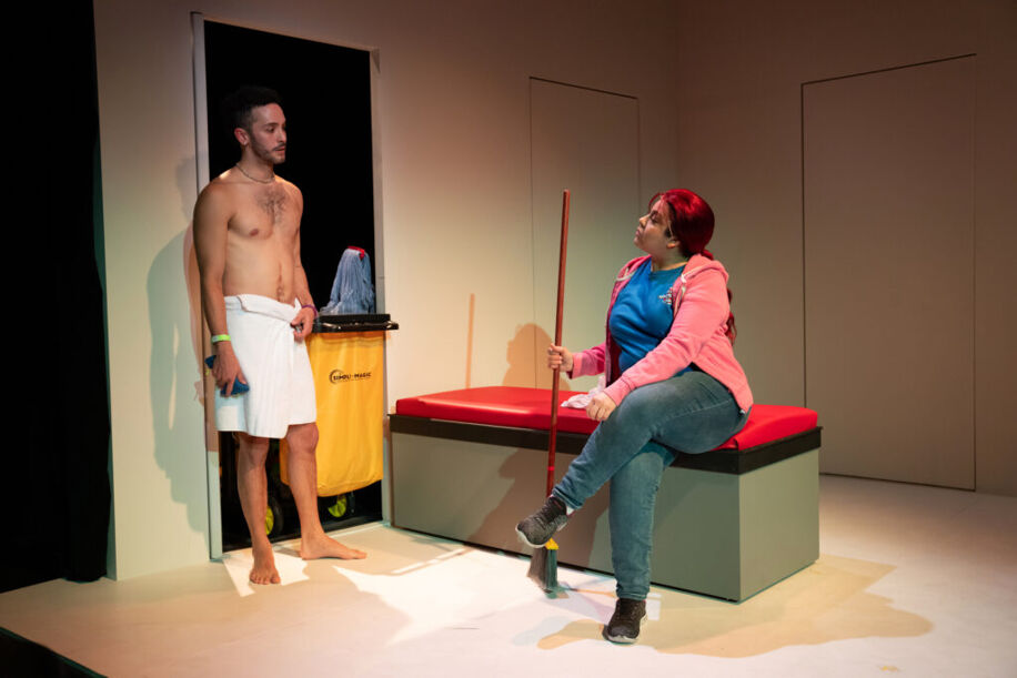 Gilbert Diego Sanchez, left, and Claudia Acosta in the Off-Broadway production of "Bathhouse.pptx."
