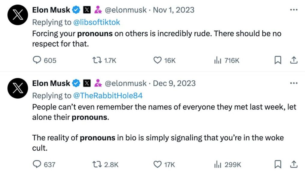 Elon Musk tweets about pronouns